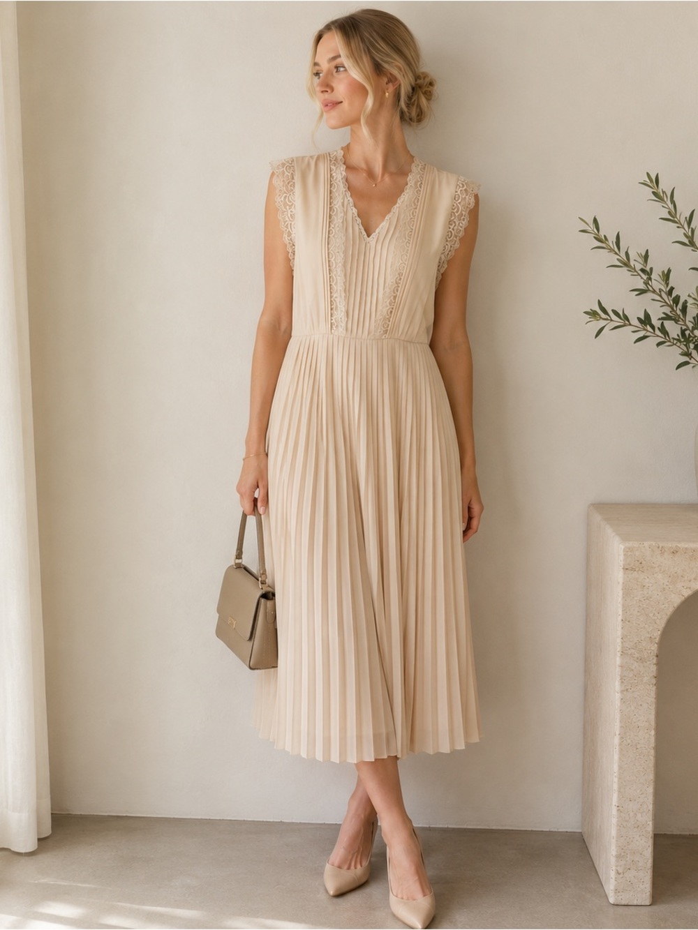 Banana Republic Lace Pleated Midi Dress Cream Romantic Cottagecore Size 6